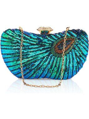 Glamorous Beaded Sequin Peacock Evening Clutch Handbag for Women’s Party Style